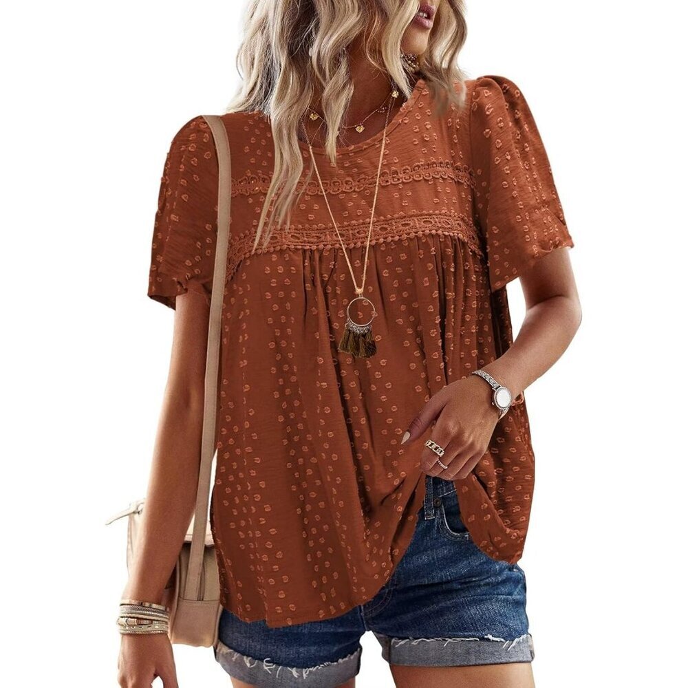 Womens Summer Boho Tops Cotton Short Sleeve Blouses Casual Lace Hem